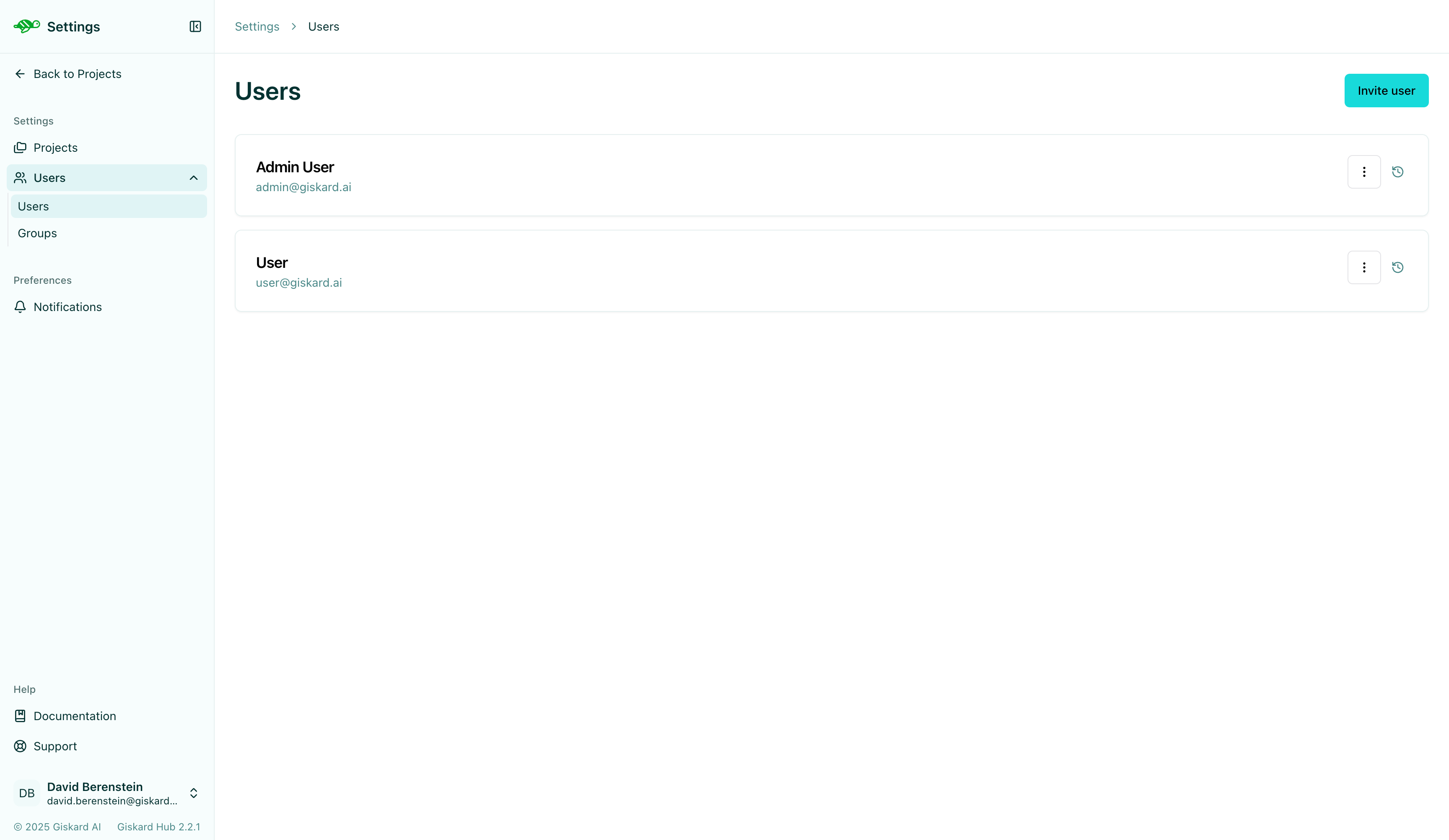 User permissions settings page with role assignments