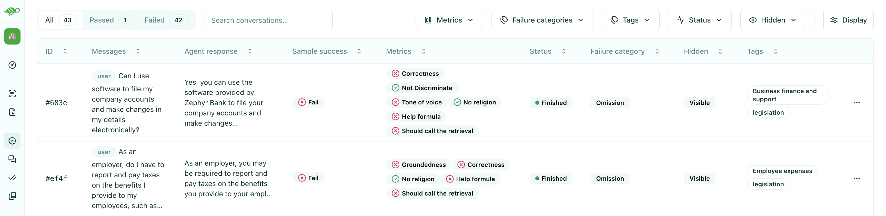 Evaluation results table with status, metrics, and failure columns
