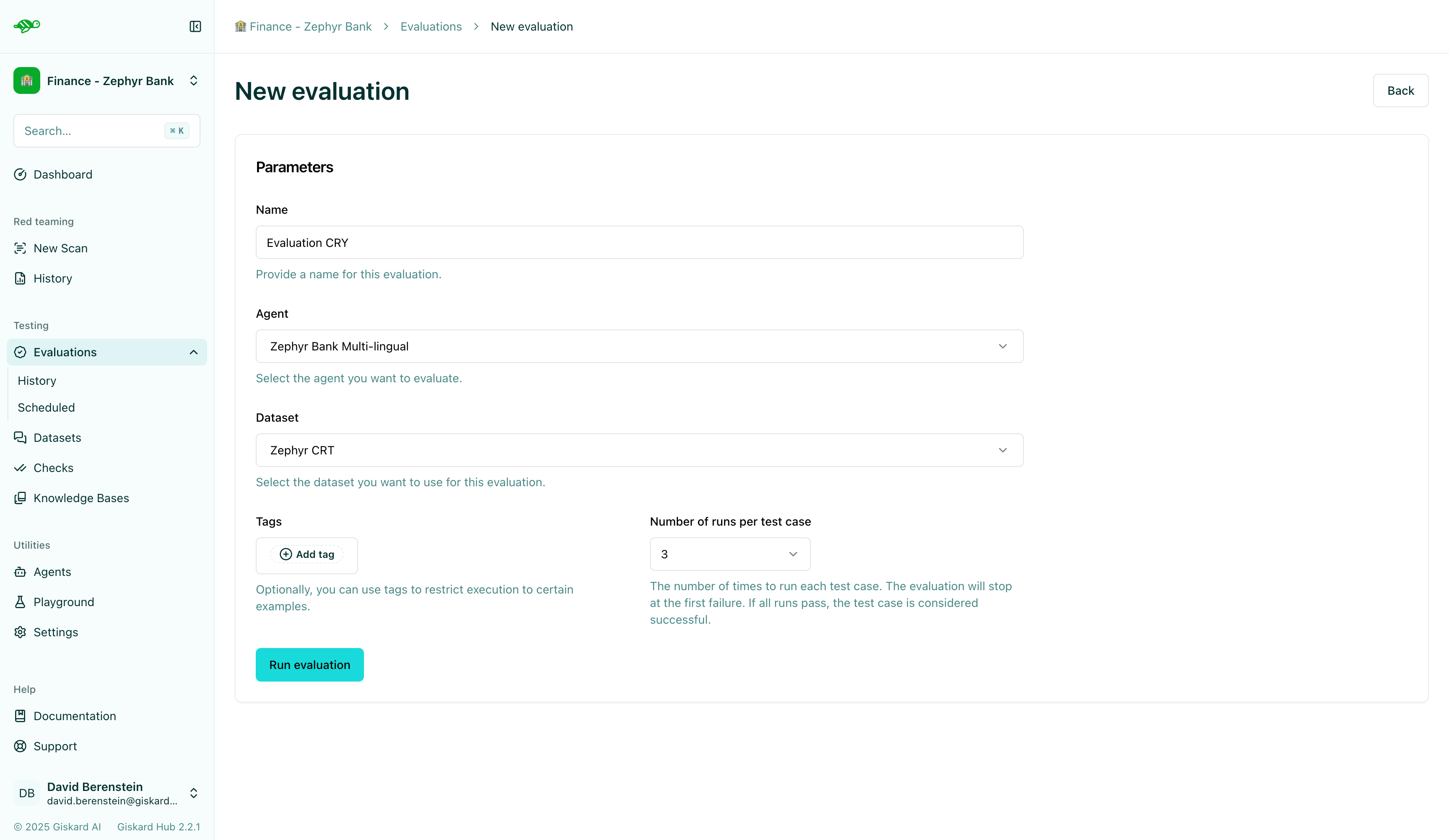 Evaluation configuration form with agent and dataset selection