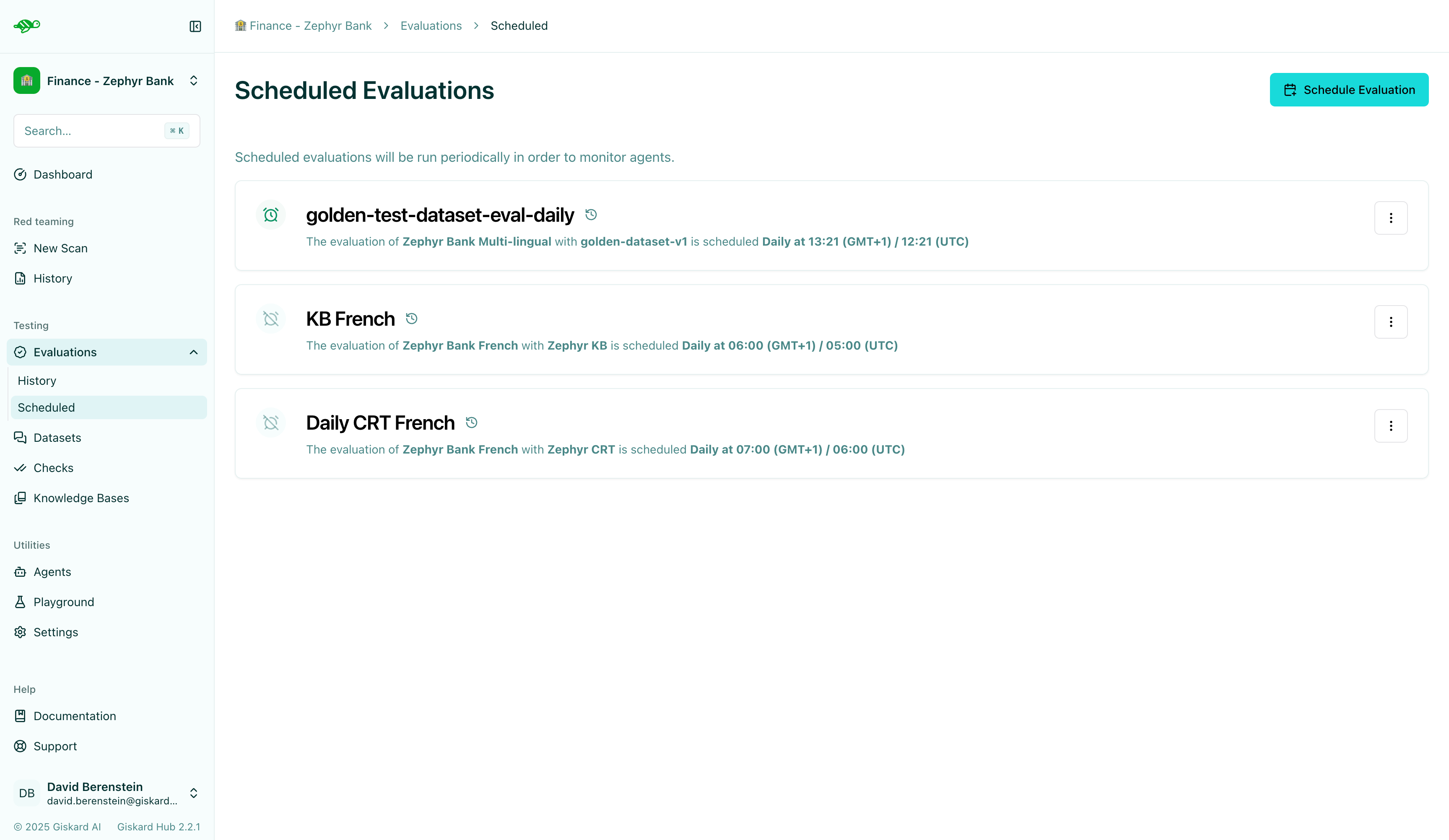 List of scheduled evaluations with frequency and agent details