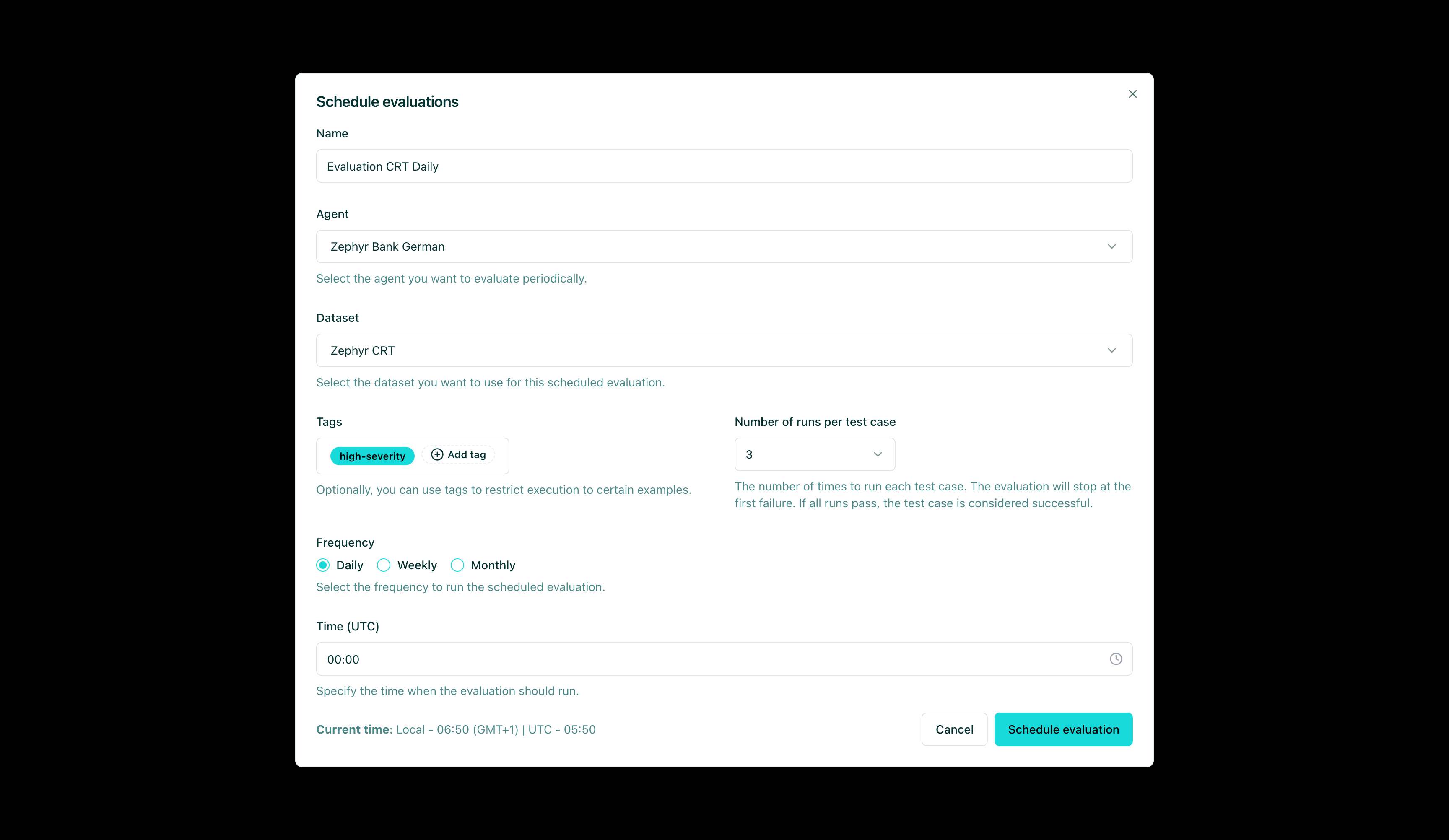 Schedule evaluation form with agent, dataset, and frequency options