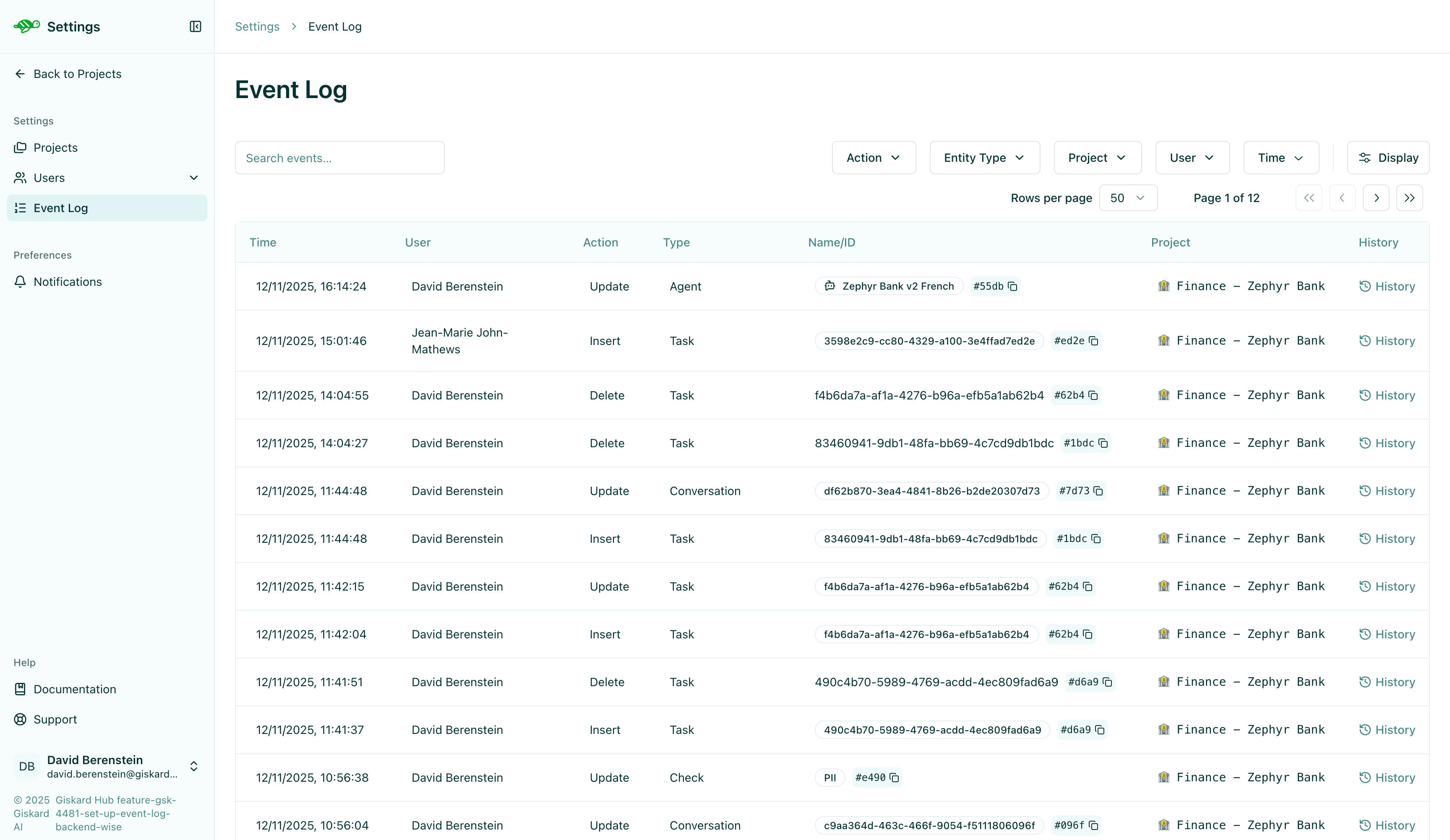 Event logs page showing tracked entity changes
