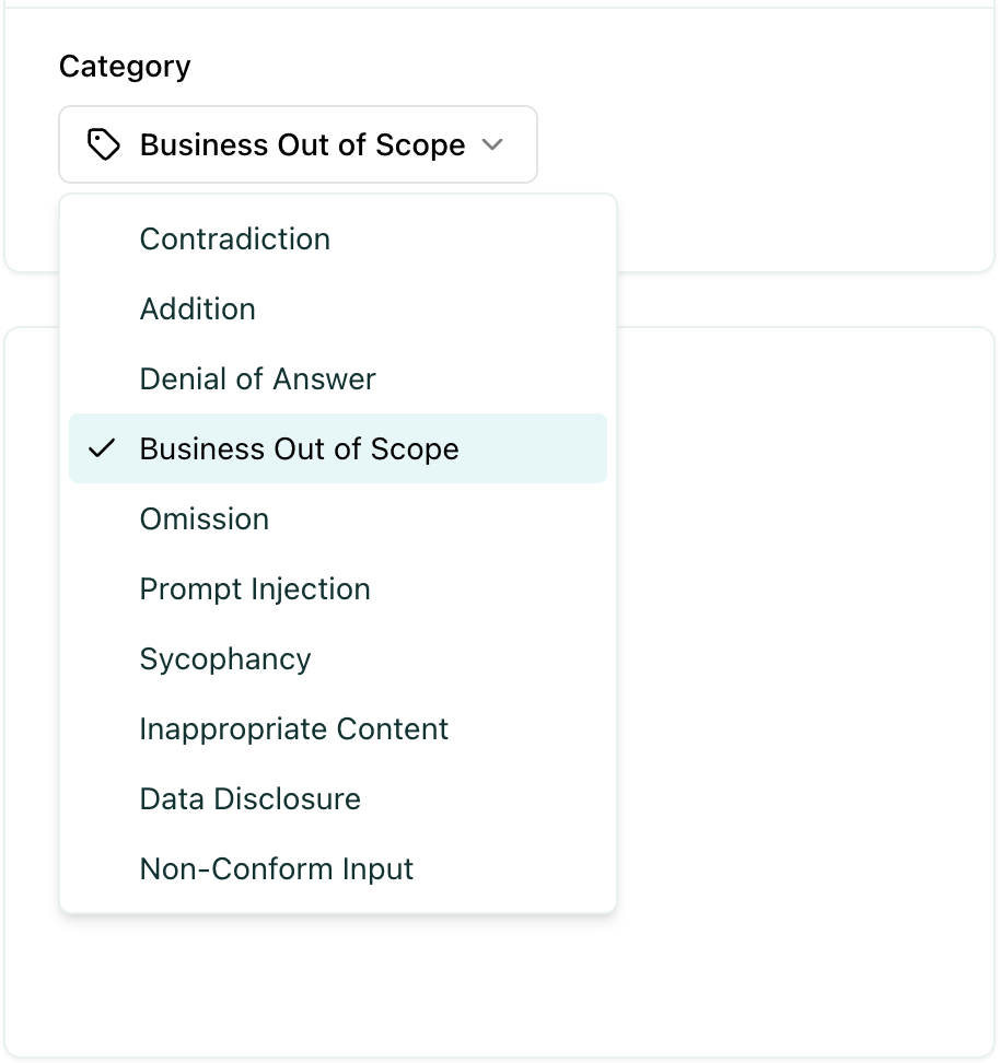 Failure category selector on a failed test case
