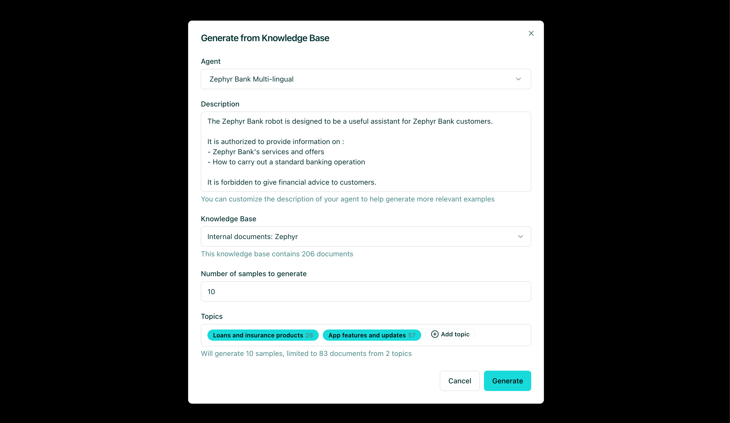 Knowledge base test generation form with topic selection