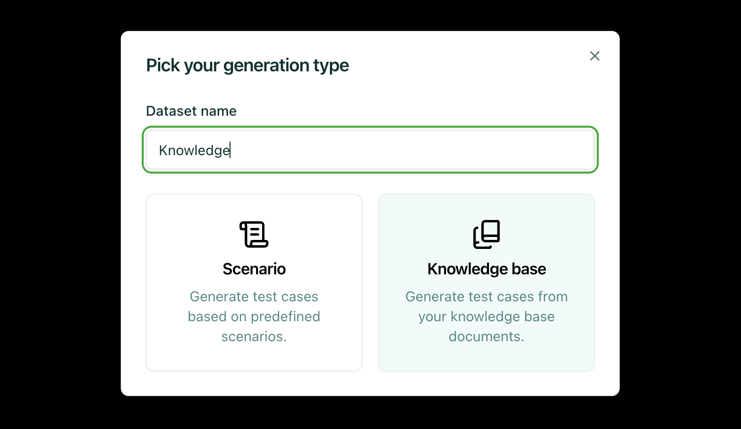 Dataset generation modal with knowledge base option selected