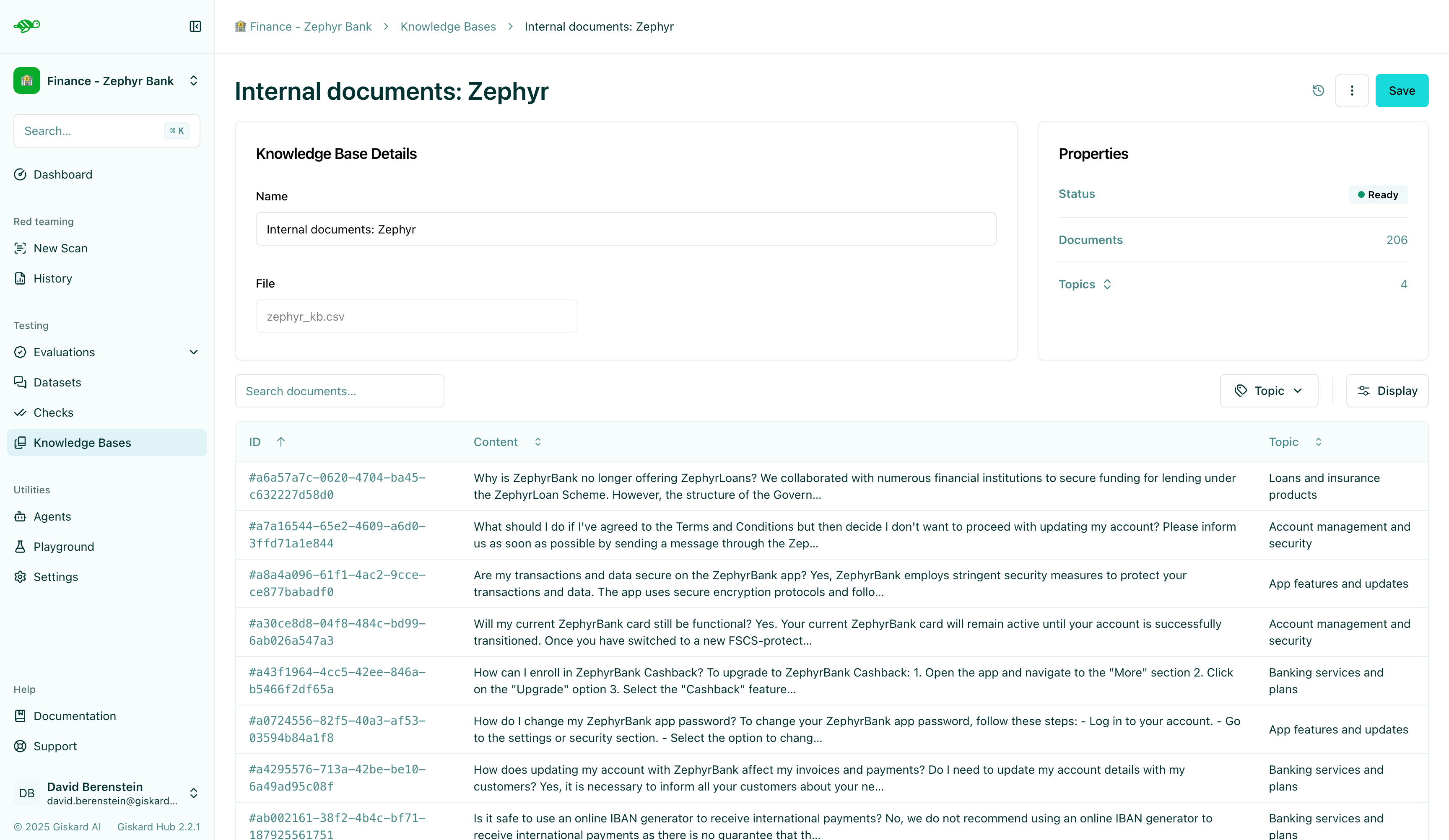 Imported knowledge base showing document count and topics