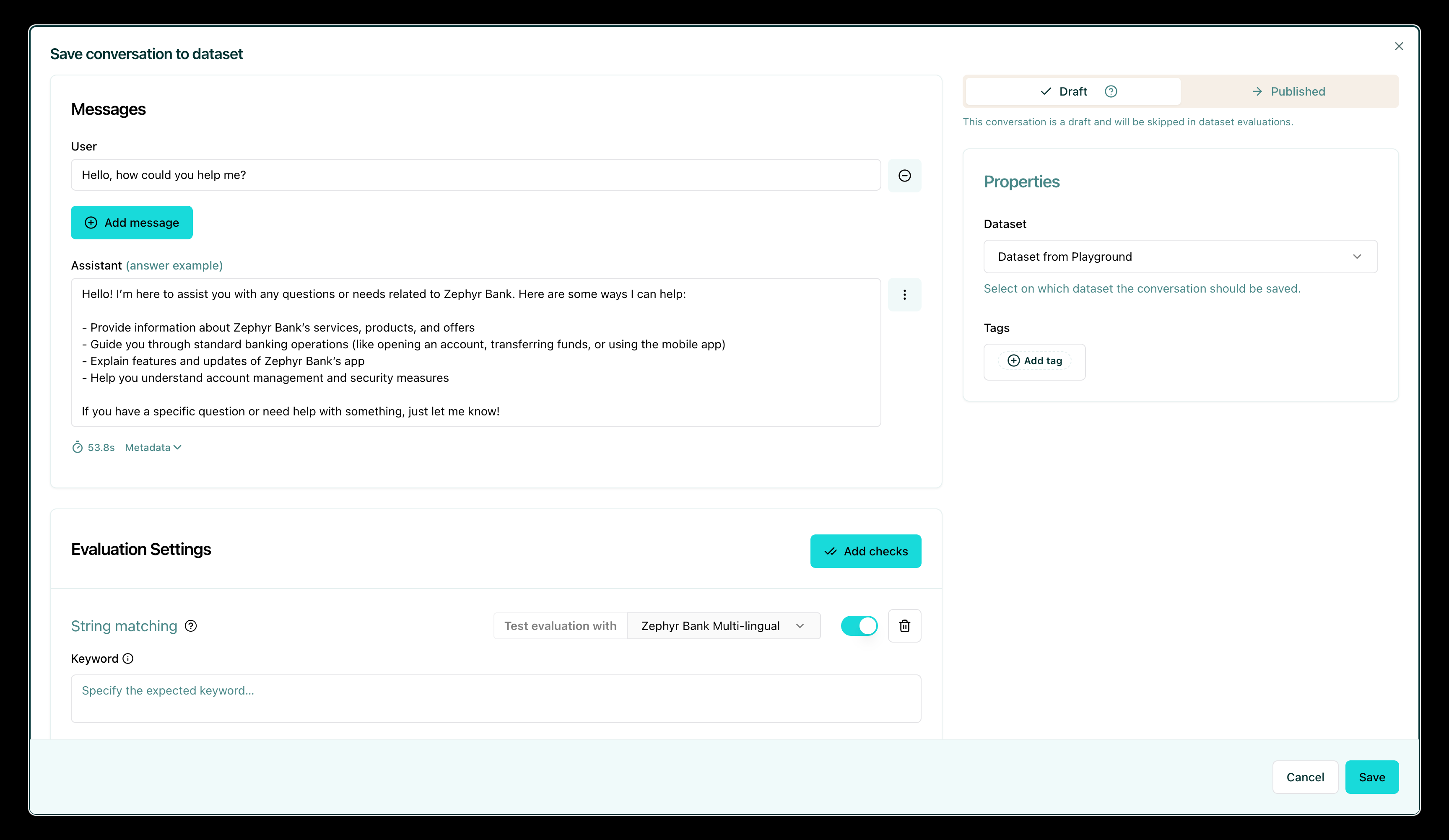 Save conversation to a dataset from the Playground