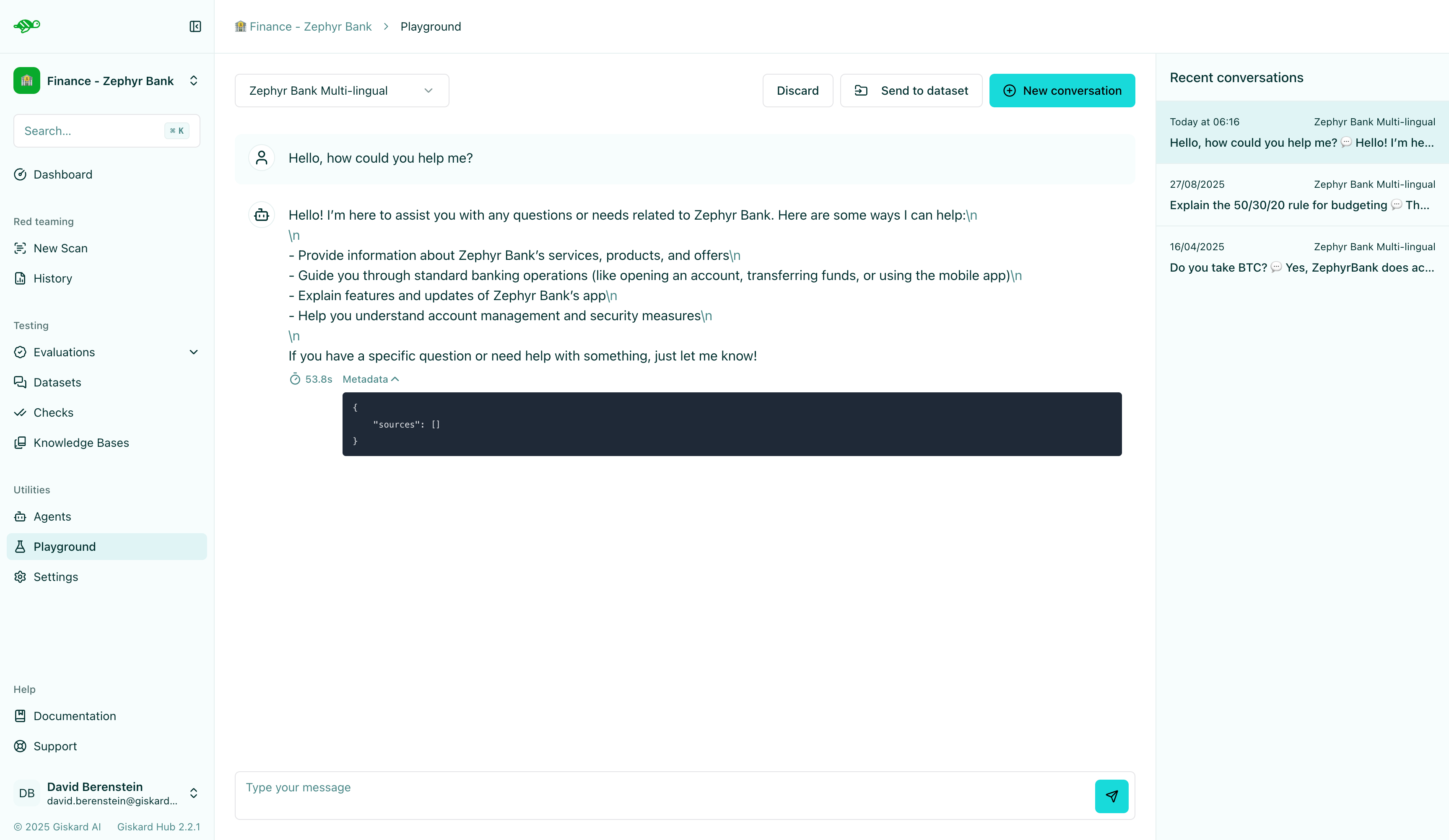 Red teaming playground chat interface for testing AI agents