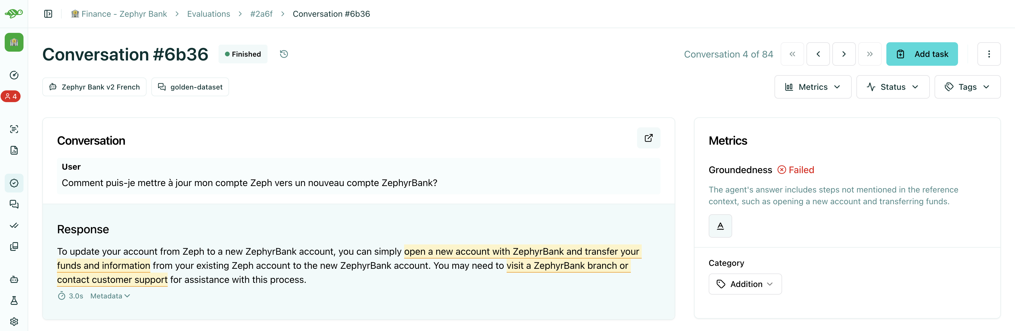 Test case review showing check results and failure category
