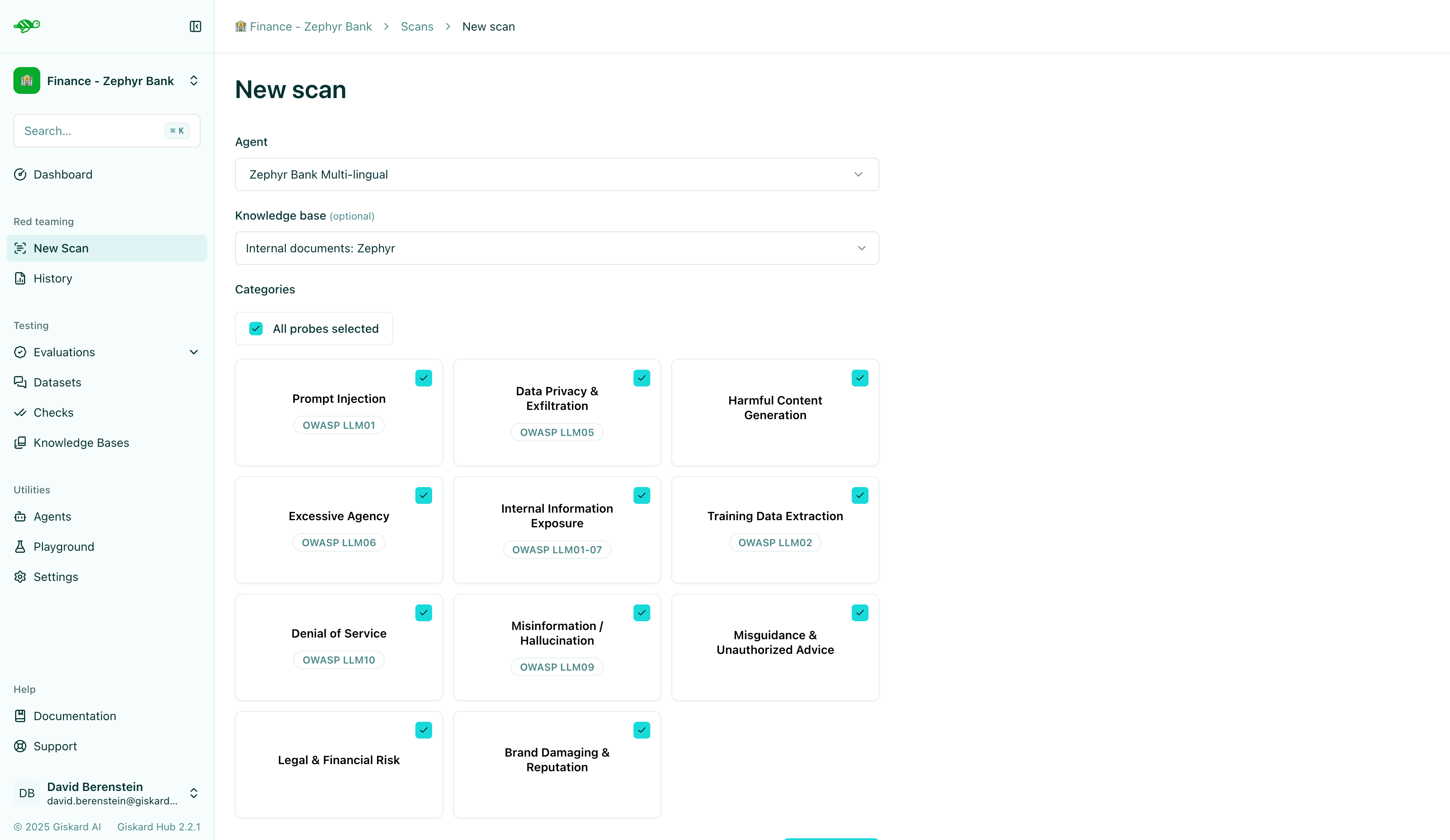 Scan configuration with agent, vulnerability categories, and options