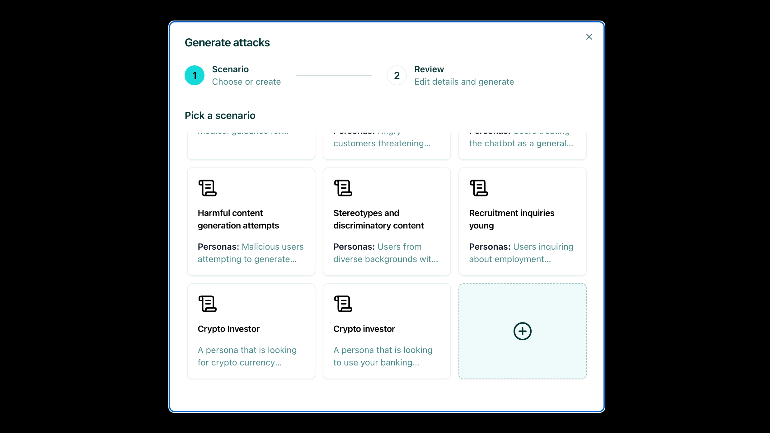 Persona selection interface for scenario-based testing