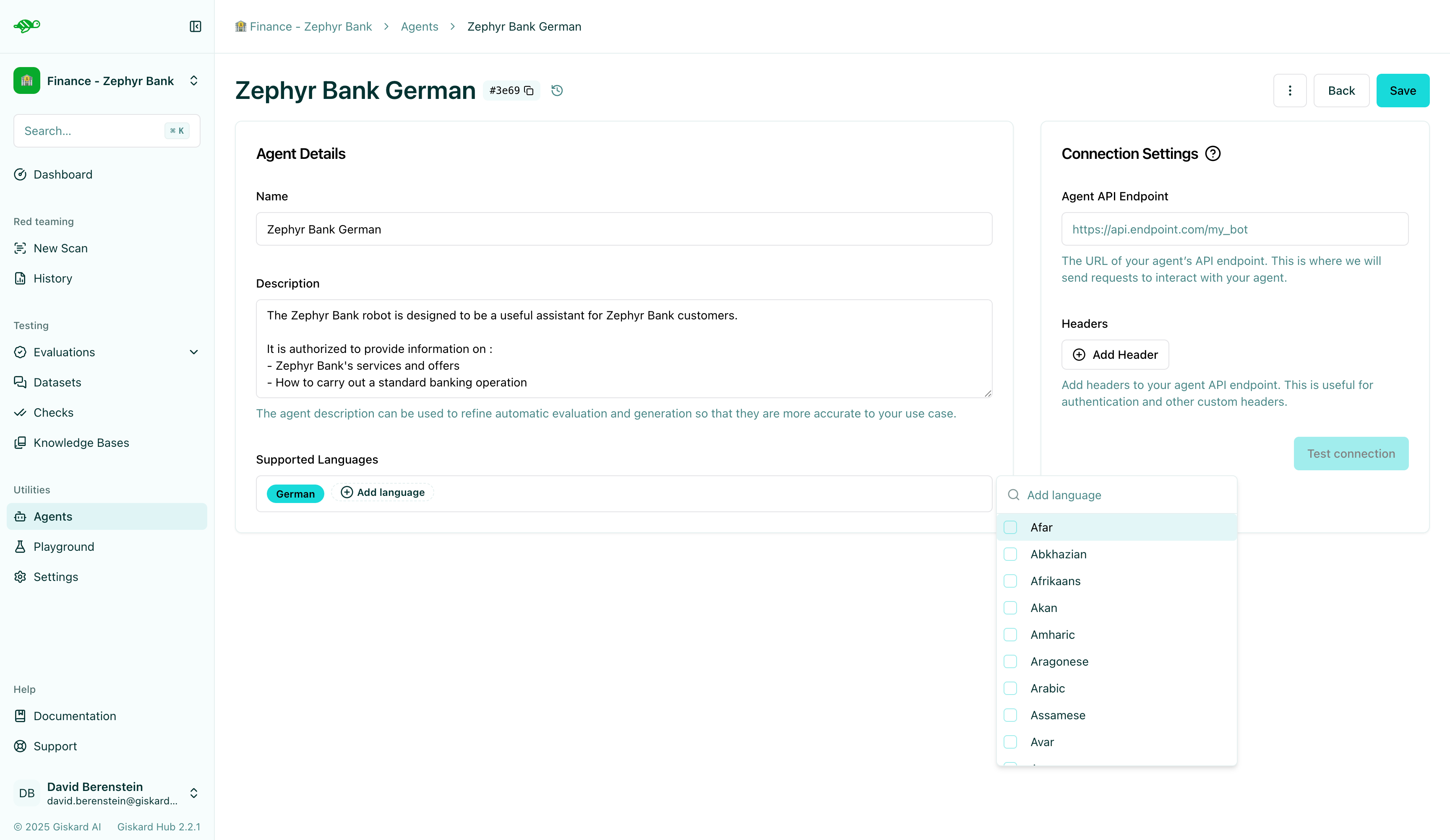 Agent configuration form with name, description, and API endpoint fields