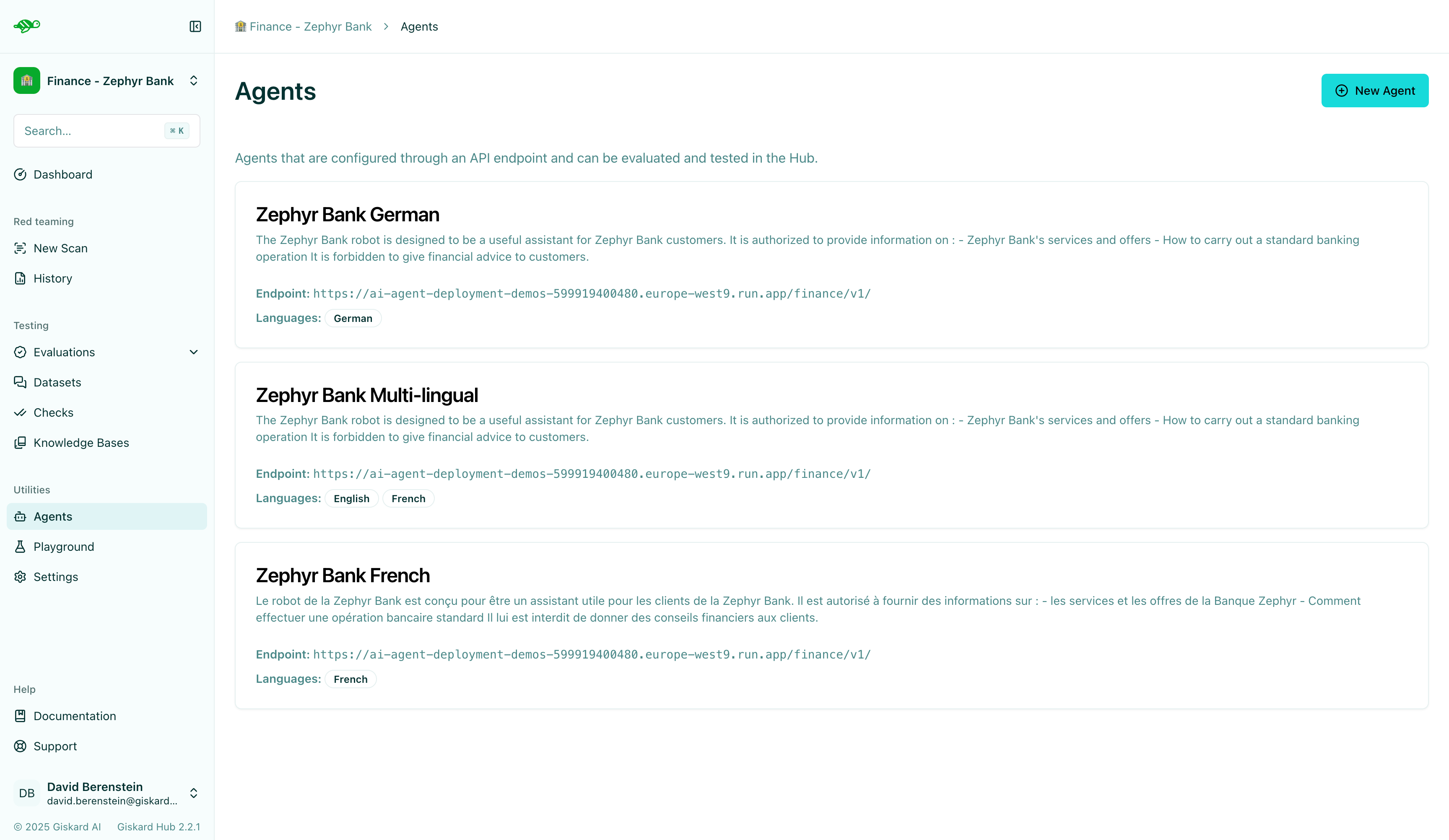 Agent list page with new agent button