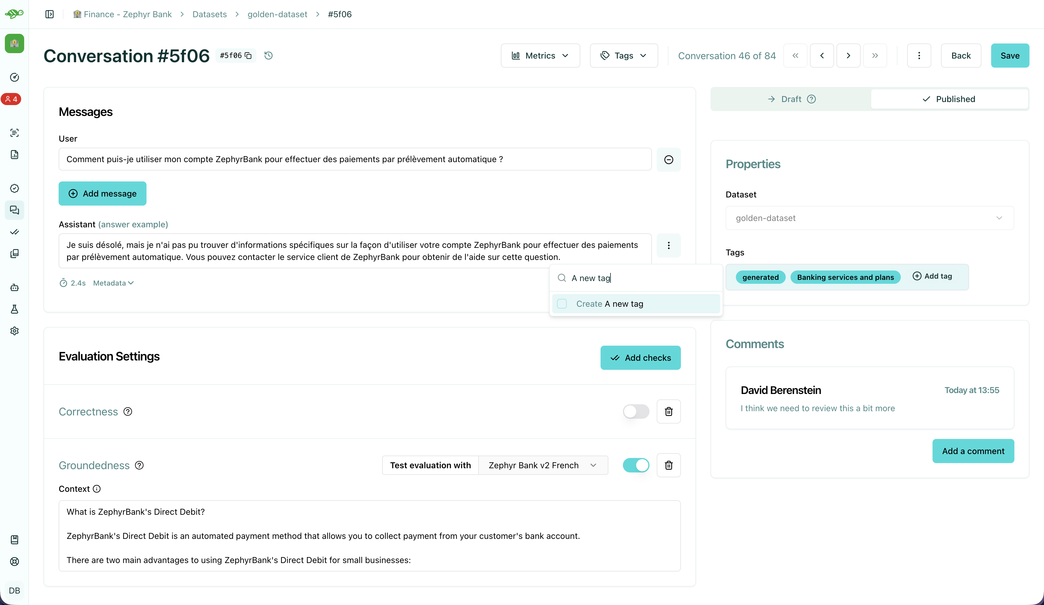 Add tag button in the conversation properties panel